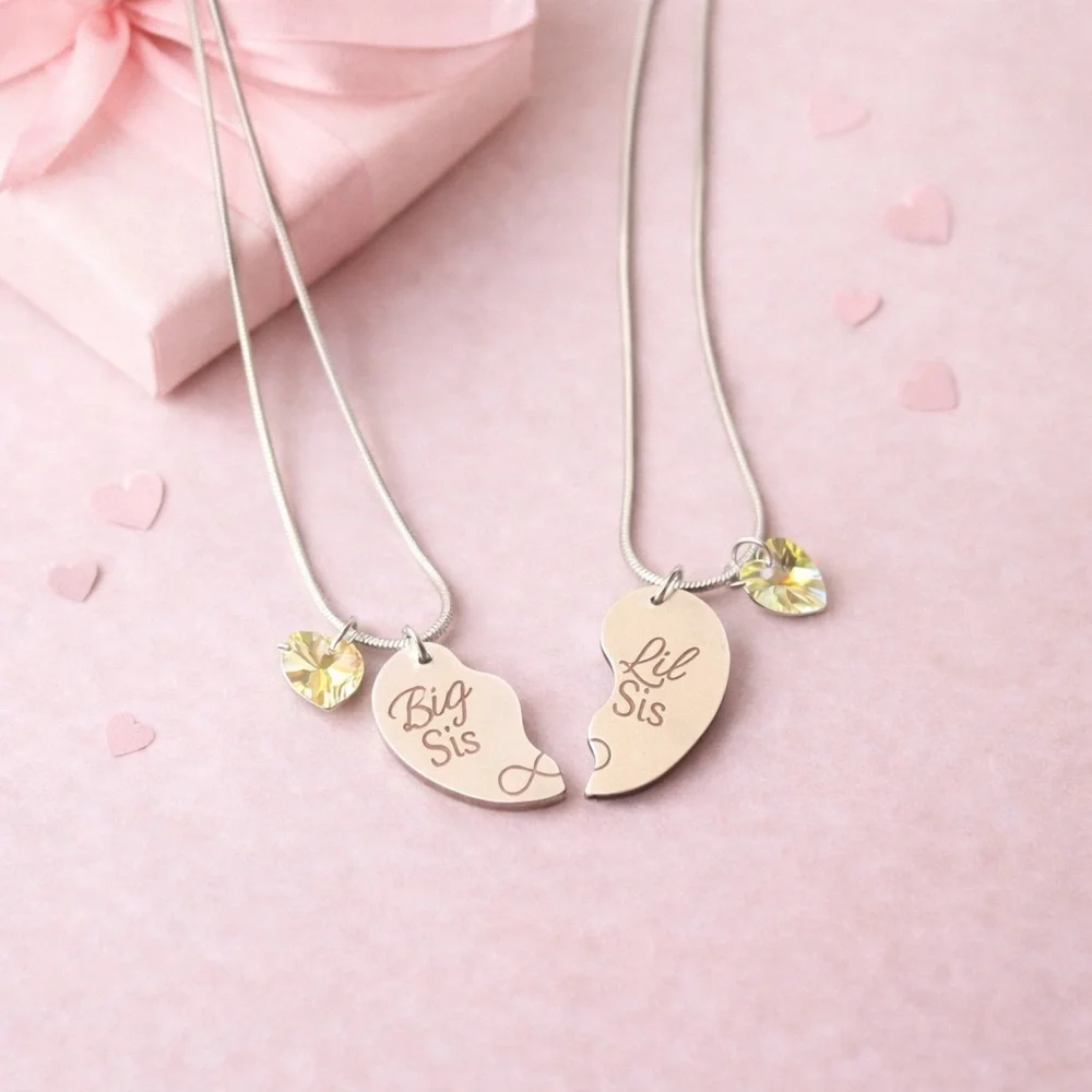 Big Sis & Lil Sis Matching Heart Necklace with Crystal